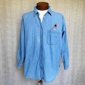 90s Vintage Disney Embroidered Eeyore Denim Button Down Shirt